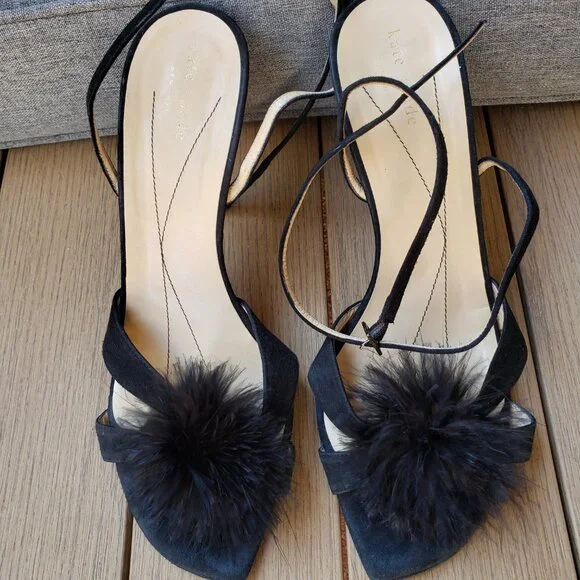 EUC kate spade pom-pom jet black heeled ankle sandals (10) - Picture 10 of 10